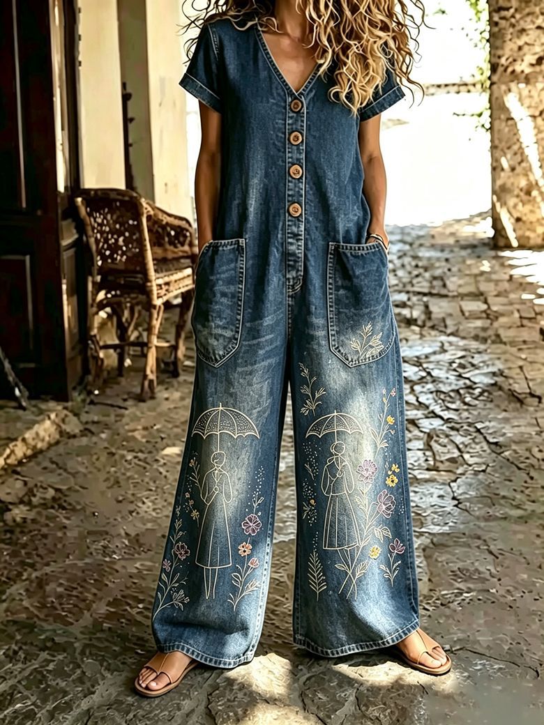 Buttoned Pockets Comfortable Short Sleeves Casual One-piece Wide-leg Jumpsuit