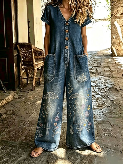 Buttoned Pockets Comfortable Short Sleeves Casual One-piece Wide-leg Jumpsuit