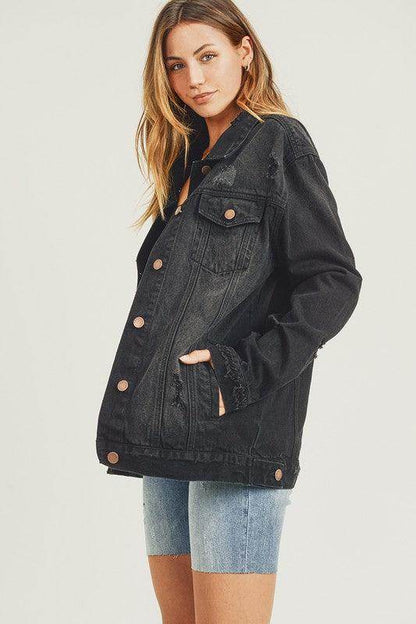 RISEN Full Size Distressed Long Sleeve Denim Jacket for Women