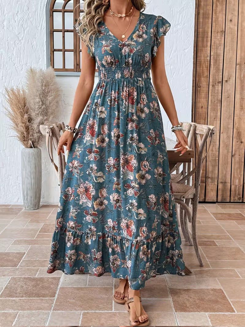 Womens Printed V-neck Dolman-sleeve Dress
