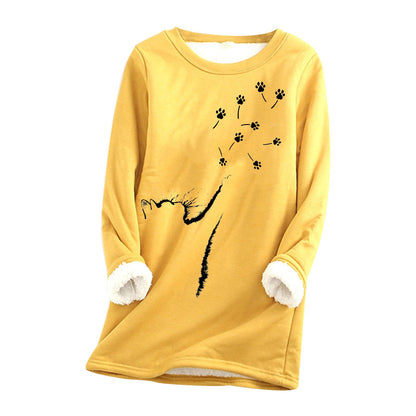 Womens Cat-Paw Print Fluffy Crew-Neck Sweatshirt