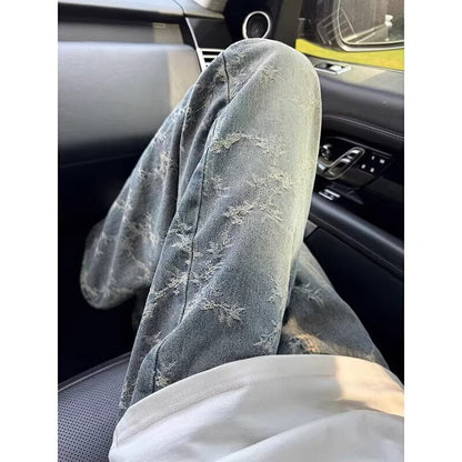 Mens American-Style Retro Jacquard Denim Jeans