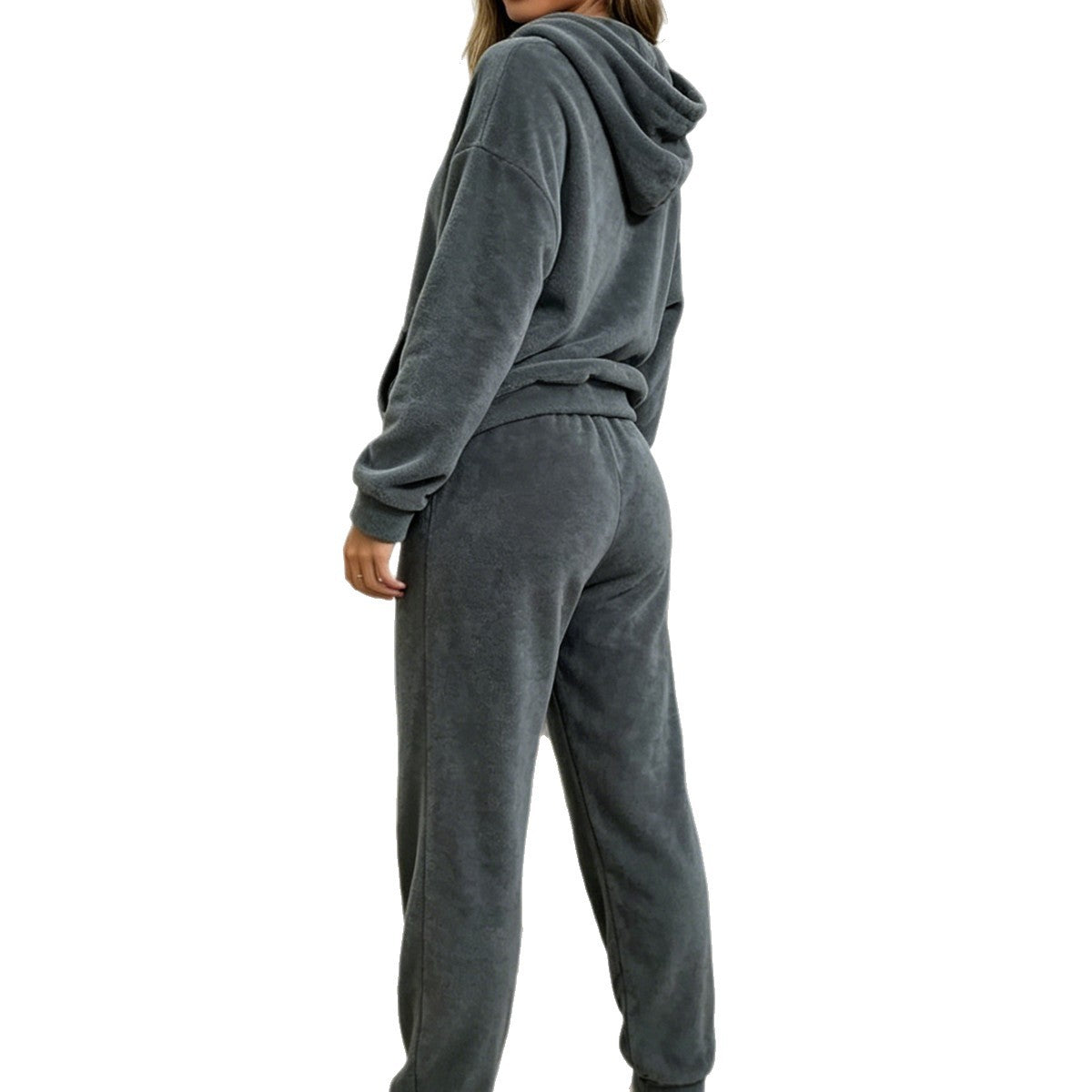Solid-color Plush Womens Hooded Long-sleeve Sweatshirt And Pants Set