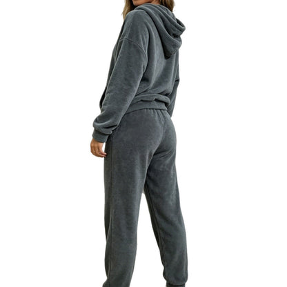 Solid-color Plush Womens Hooded Long-sleeve Sweatshirt And Pants Set