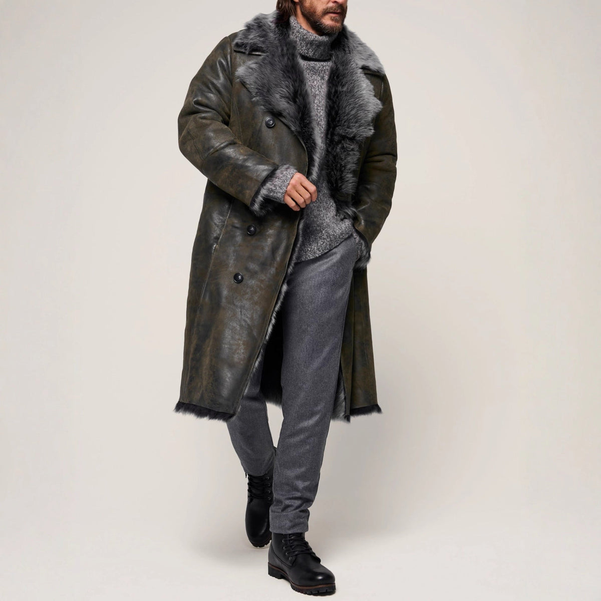 Double-breasted Wide Lapel Long-haired Men's Long Fur Coat