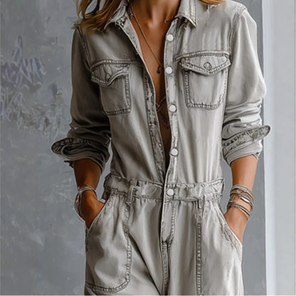 Casual Light-gray Distressed Ripped Denim Jumpsuit