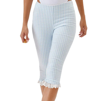 Womens Capri Pants With A Plaid Lace Flounce Hem
