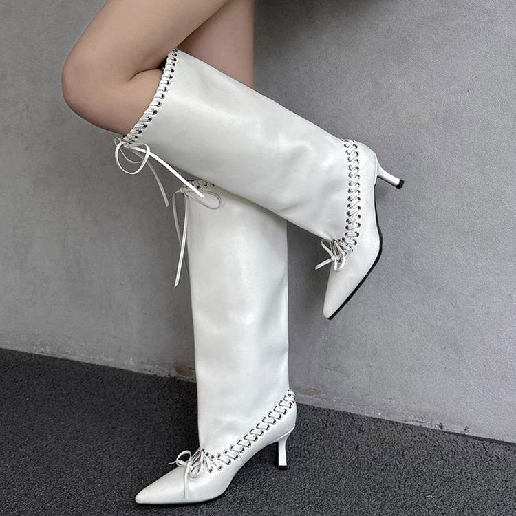 Women's Plus Size Leather Boots New Arrival For Autumn Winter Pointed Toe Thin Heel Stylish Rivet Straps Design