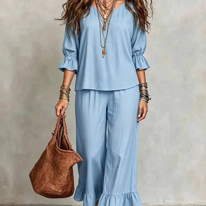 Women's Solid-color Loose-fit Casual Button-up Set