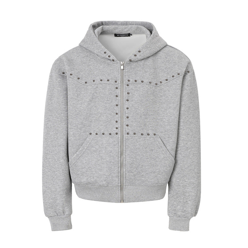 Rivet-zip Hooded Loose-fit Cropped Cardigan Unisex Jacket