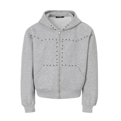 Rivet-zip Hooded Loose-fit Cropped Cardigan Unisex Jacket