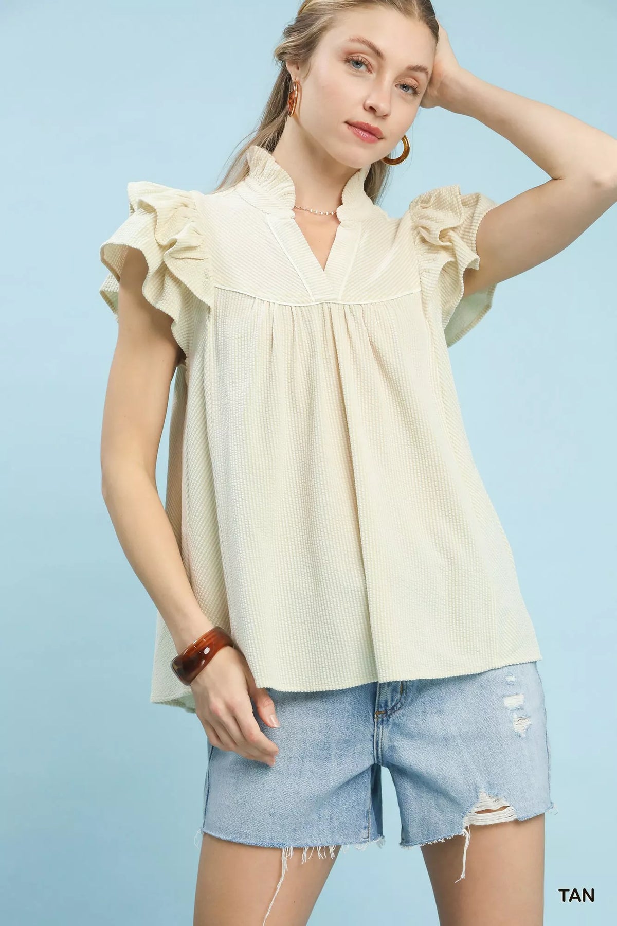 Umgee Ruffled Sleeve Textured Blouse