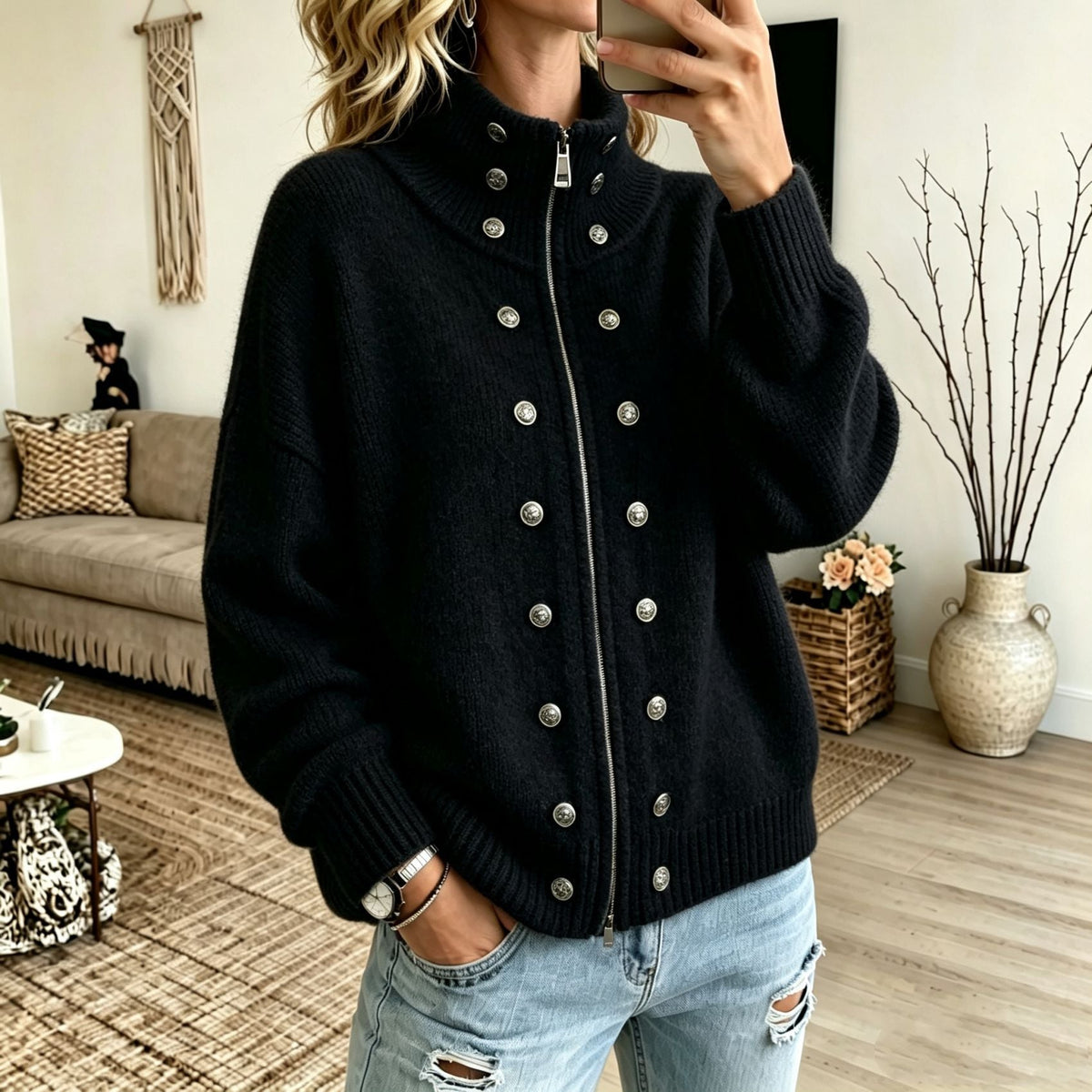 Women's Sweater Coat With Metal Buttons And Double Zippers