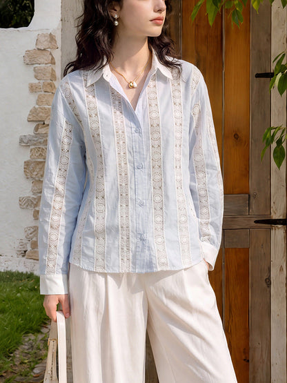 Crochet Lace Striped Long Sleeve Cotton Shirt