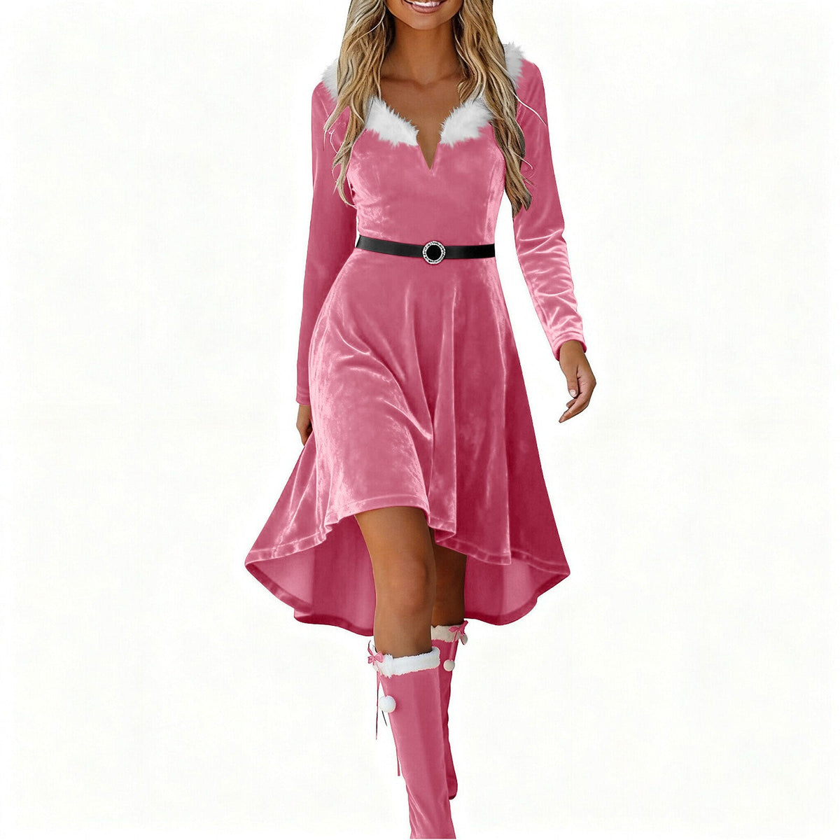 Christmas Womens Fur-Patchwork V-Neck Long-Sleeve Dress