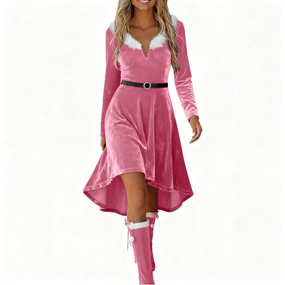 Christmas Womens Fur-Patchwork V-Neck Long-Sleeve Dress