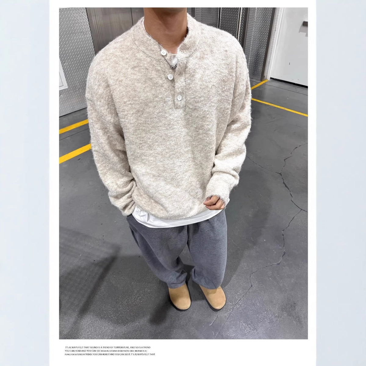 Solid-color Henley-neck Casual Knit Sweater
