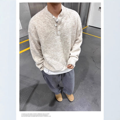 Solid-color Henley-neck Casual Knit Sweater
