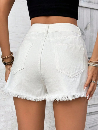 Distressed Raw Hem High Rise Denim Shorts