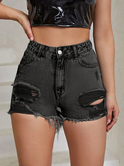 Distressed Raw Hem High Rise Denim Shorts