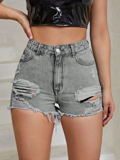 Distressed Raw Hem High Rise Denim Shorts