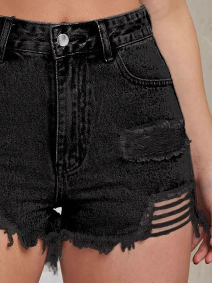 Distressed Raw Hem High Waist Denim Shorts