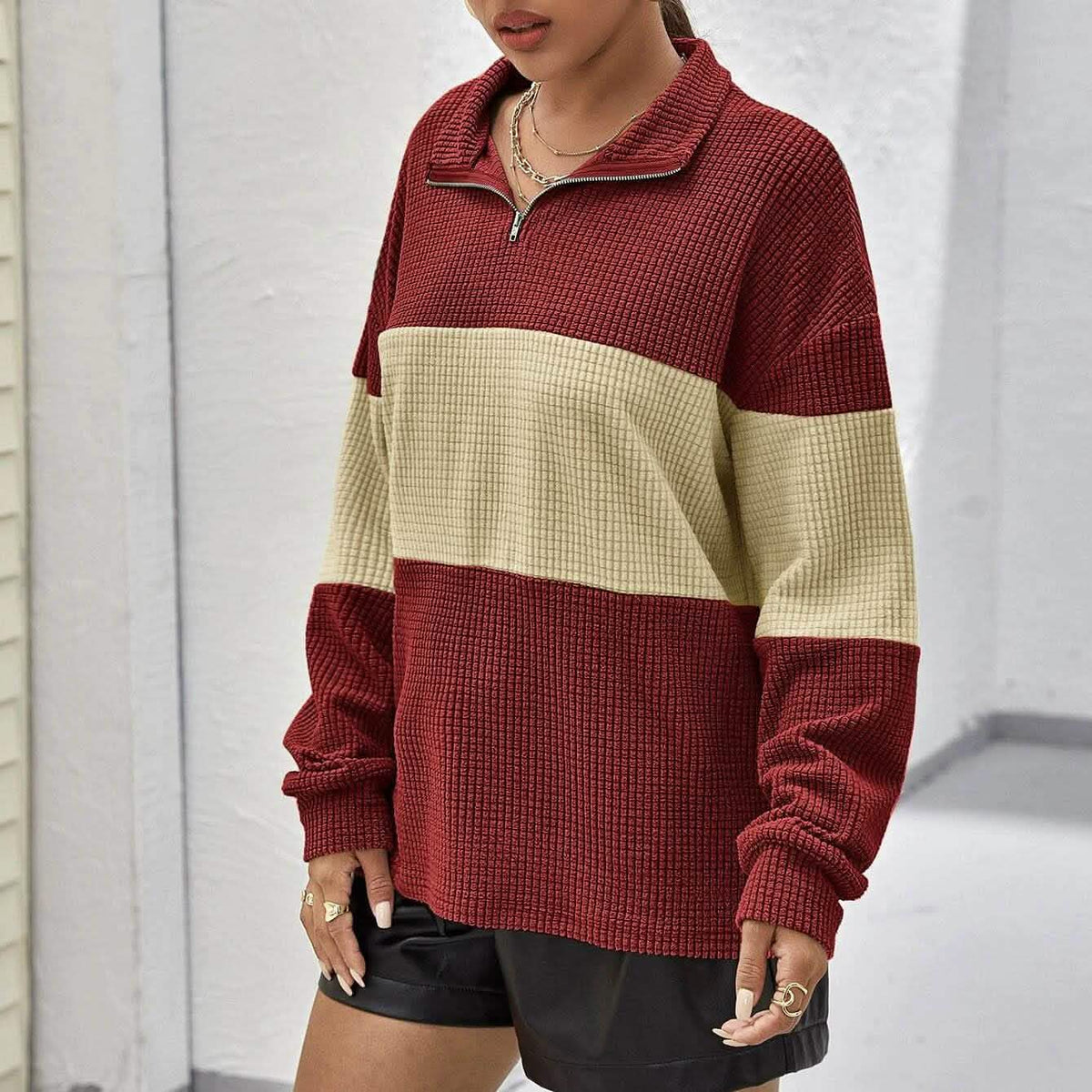 Drop Shoulder Two Tone Textured Half Placket Pullover