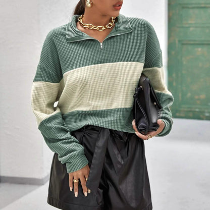 Drop Shoulder Two Tone Textured Half Placket Pullover