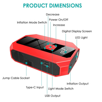 Portable Car Jump Starter Air Compressor 1500A 400PSI Car Battery Charger Jump Starter Power Bank LED Flashlight Digital Tire Inflator for 4.0L Gasoline Or 2.0L Diesel Engine