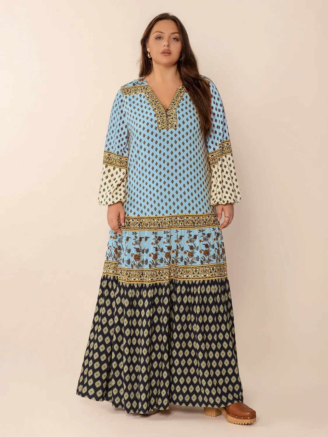Plus Size Printed V-Neck Balloon Sleeve Maxi Dress