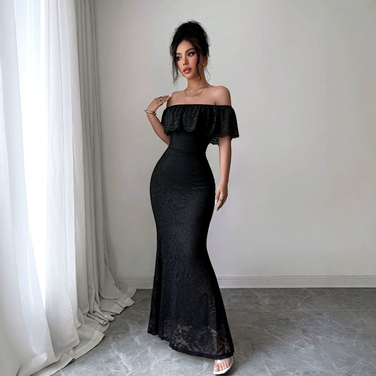 Autumn Elegant Off-shoulder Lace-panel Dress With A Flounced Hem