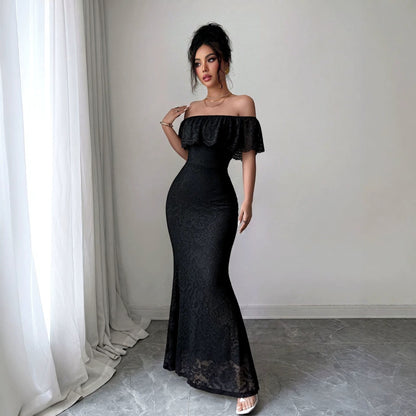 Autumn Elegant Off-shoulder Lace-panel Dress With A Flounced Hem