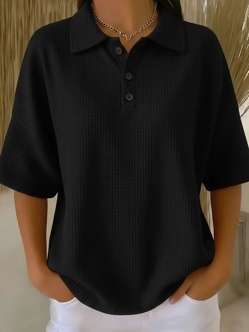 Cross-Border  Foreign Trade Fashion Waffle Short-Sleeved T-Shirt Solid Color Button T-Shirt Polo Collar Pullover Loose Top
