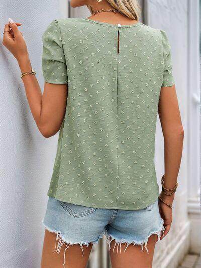 Perfee Swiss Dot Round Neck Petal Sleeve Blouse for Women