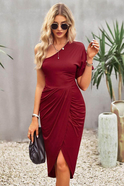 Devine Ruched One-Shoulder Tulip Hem Dress for Women