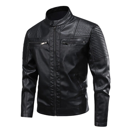 Mens Stand-Up Collar Leather Jacket Slim-Fit Leather Biker Coat For Men