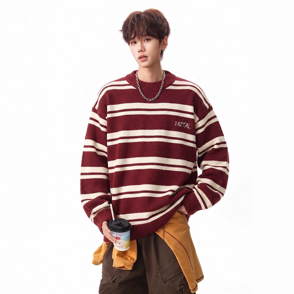 Men's FallWinter Color-Block Crew-Neck Striped Sweater