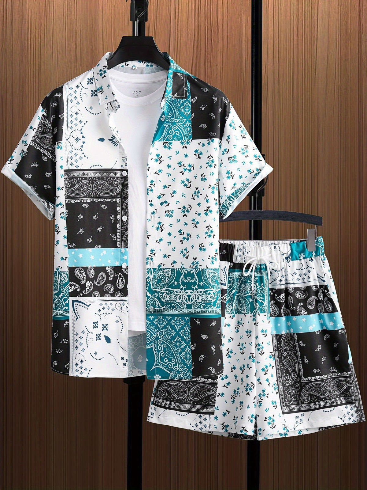 Casual Lapel-Button Hawaiian Shirt And Shorts Set For Men