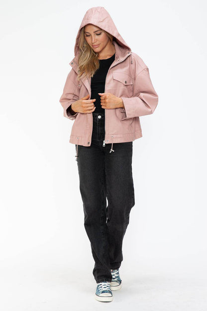 How Dare U Drawstring Hem PU Leather Zip Up Jacket for Women