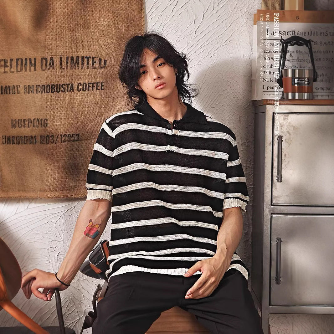 Men's Short-sleeved Loose Versatile Casual Lapel Stripe Top
