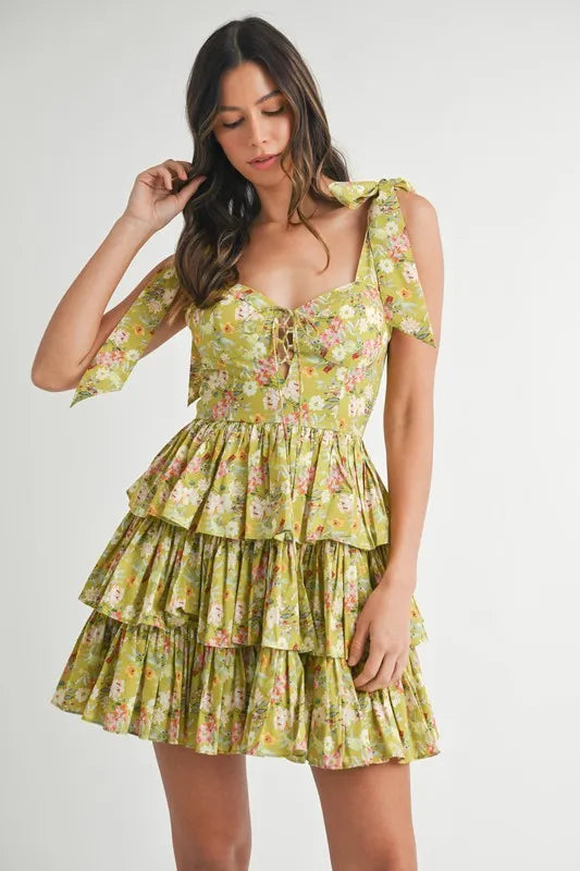 MABLE Floral Print Shoulder Tie Layered Mini Dress