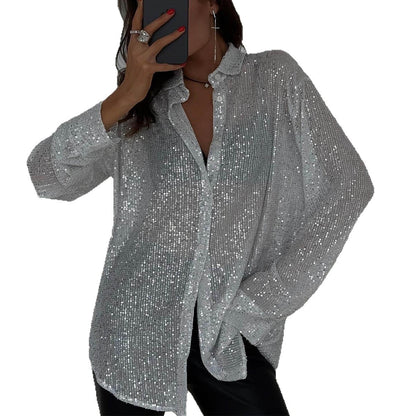 Spring Summer New European And American Sequin Top With Turn-down Collar, Long Sleeve Cardigan, Basic Cross-border Women's Shirt Jacket