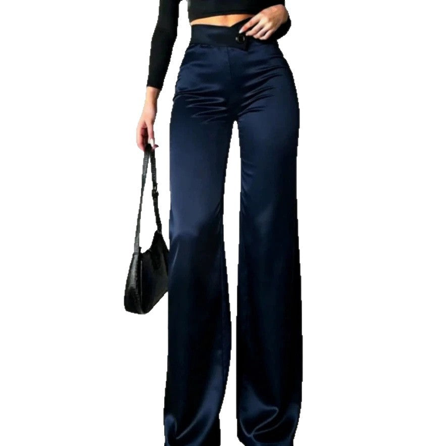 Womens Solid-color Versatile High-waisted Satin Bootcut Trousers