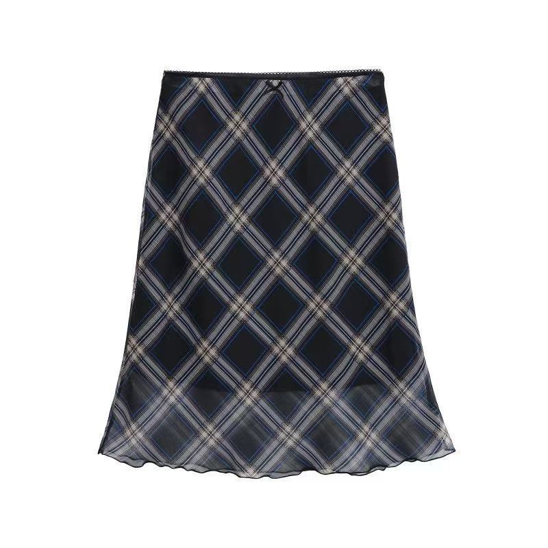 Bow-knot Ribbon Mesh Plaid Skirt For Women