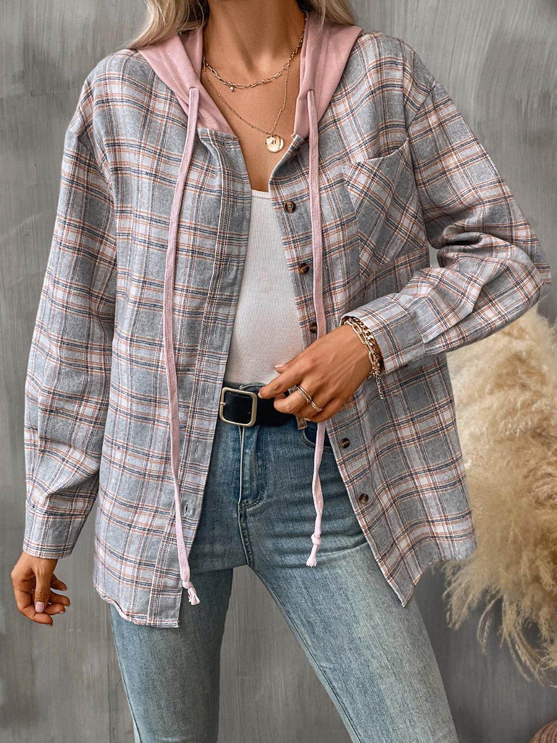 Plaid Long Sleeve Hooded Jacket for Women with Pockets