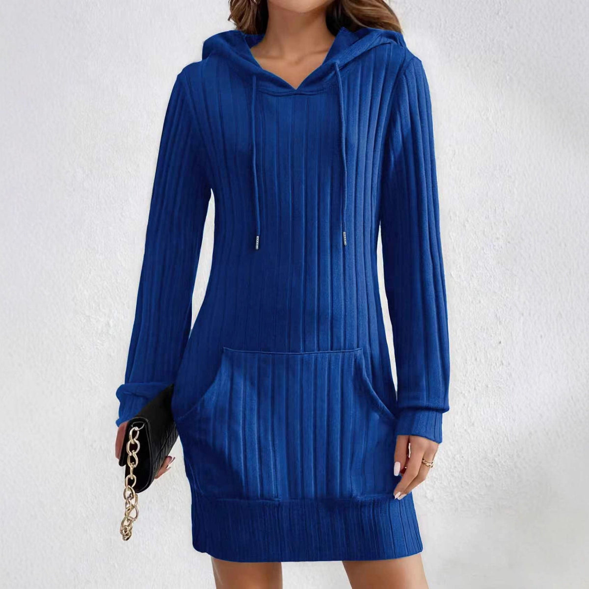 Knitted Hooded Ribbed Pocket Long-sleeve Dress