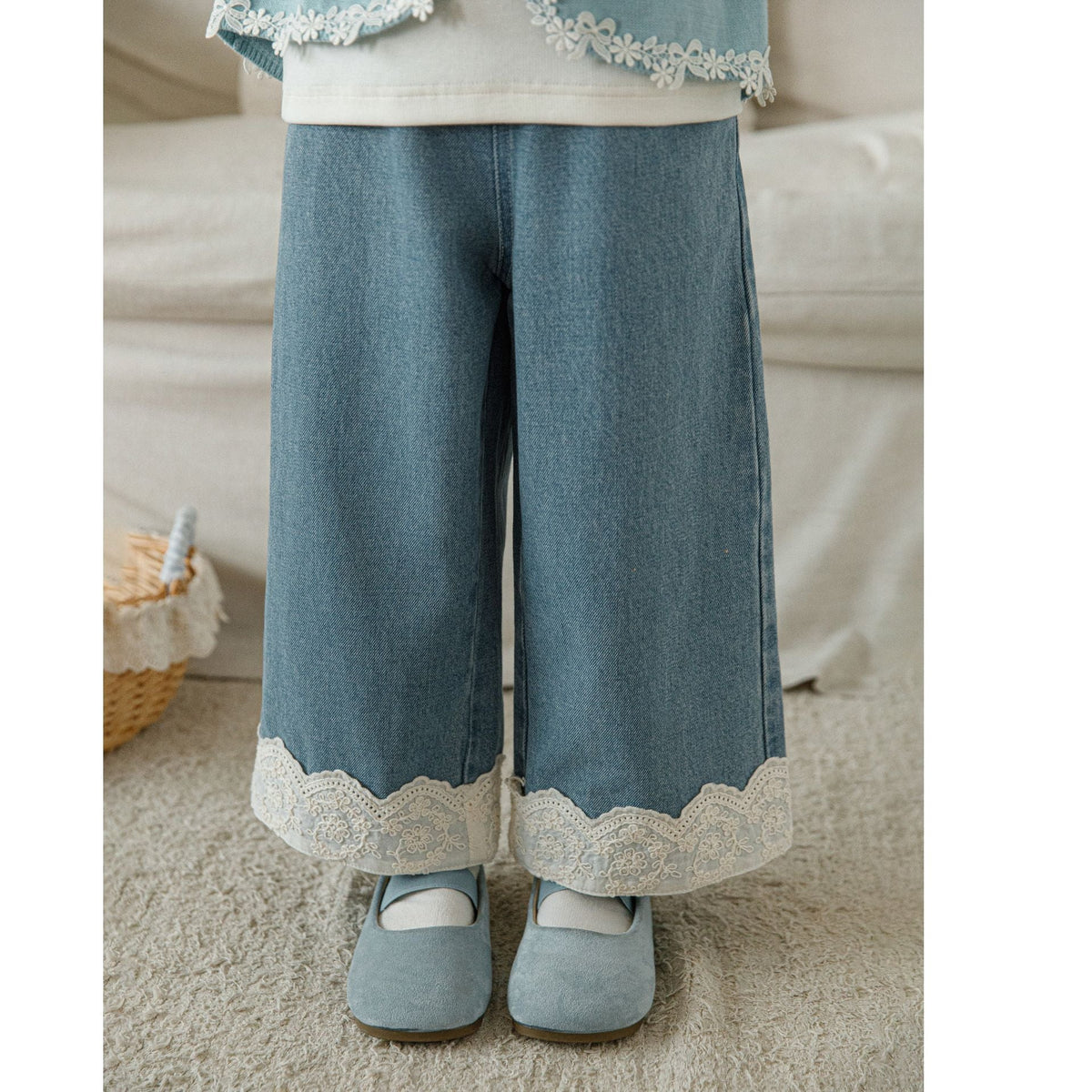 Lace-trimmed Denim Cotton Light-blue Wide-leg Pants
