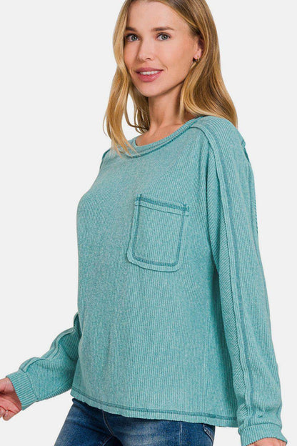 Zenana Full Size Contrast Stitching Brushed Ribbed Hacci Knit Top Plus Size