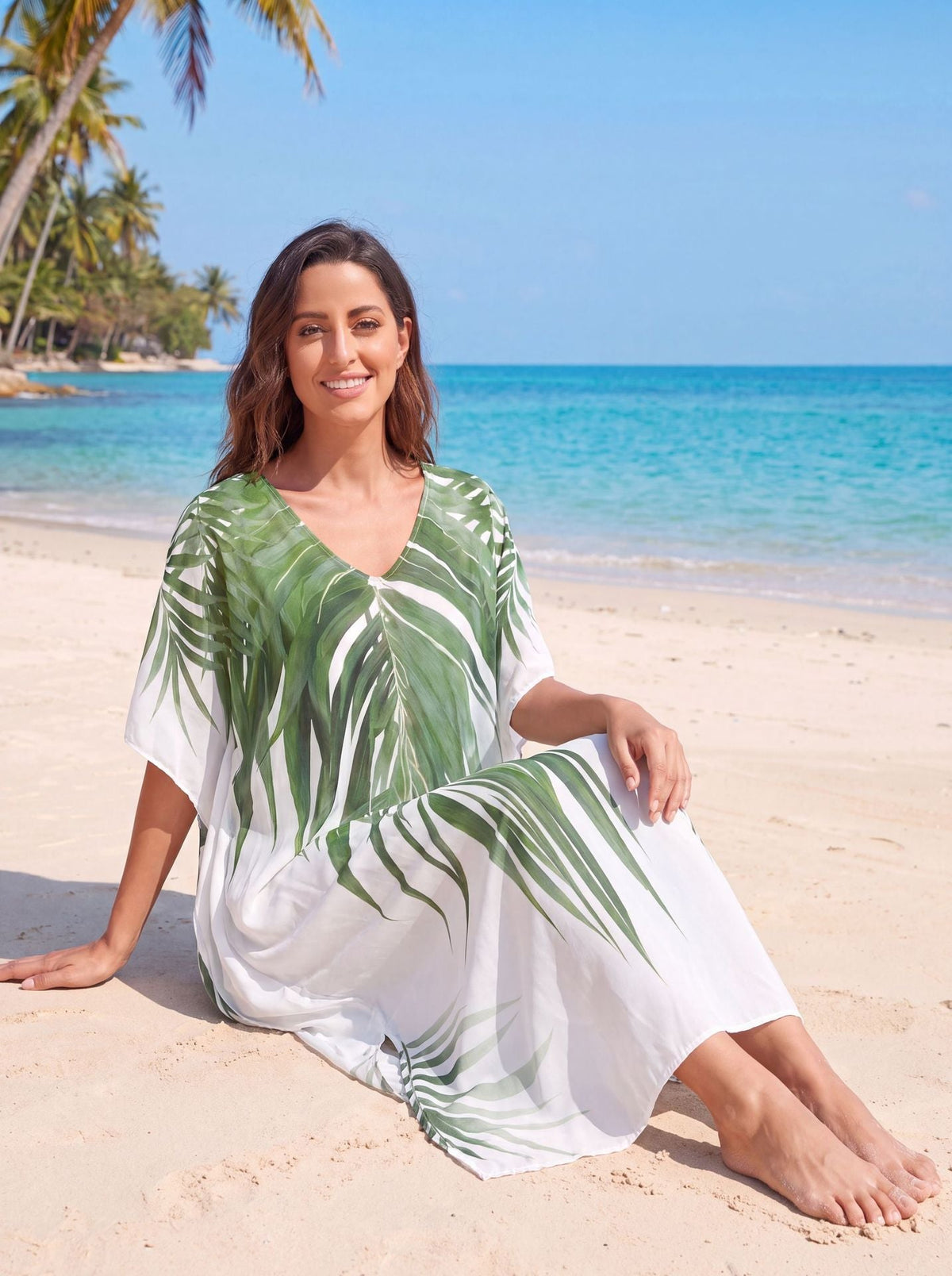 Viscose One Size Swimsuit For Women Green Leaf Printing Beach Cover Ups