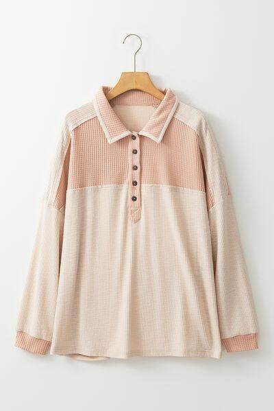 Waffle-Knit Color Block Half Button Long Sleeve Top for Women